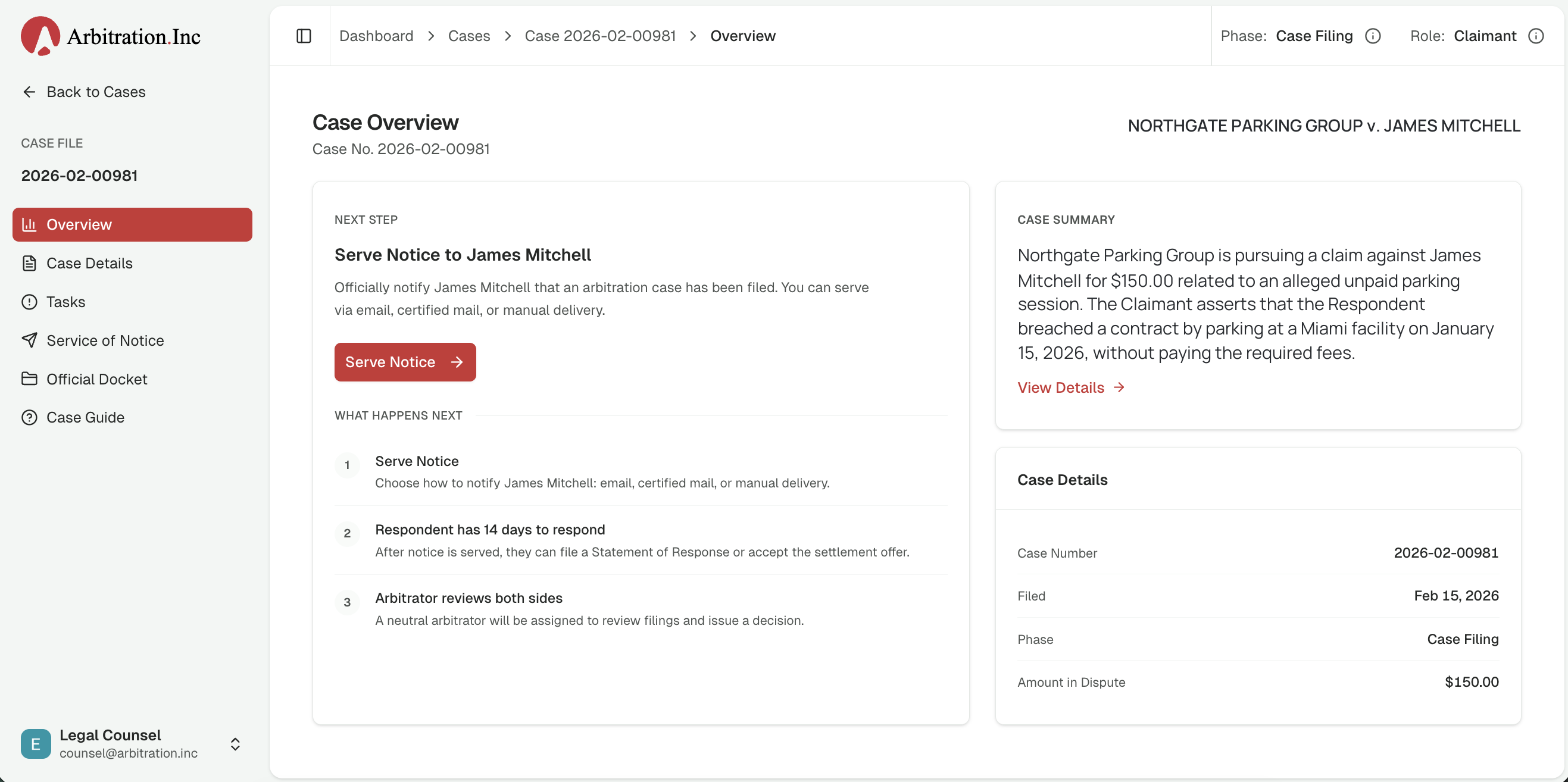 Arbitration.Inc platform, case overview with phase tracking and service of notice