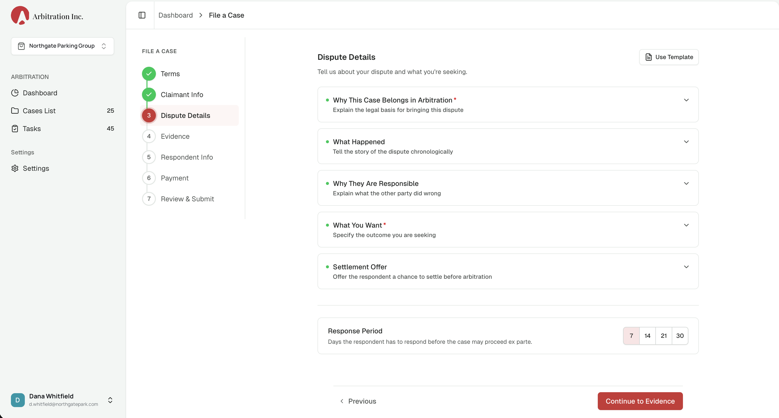 Arbitration.Inc platform, dispute details view