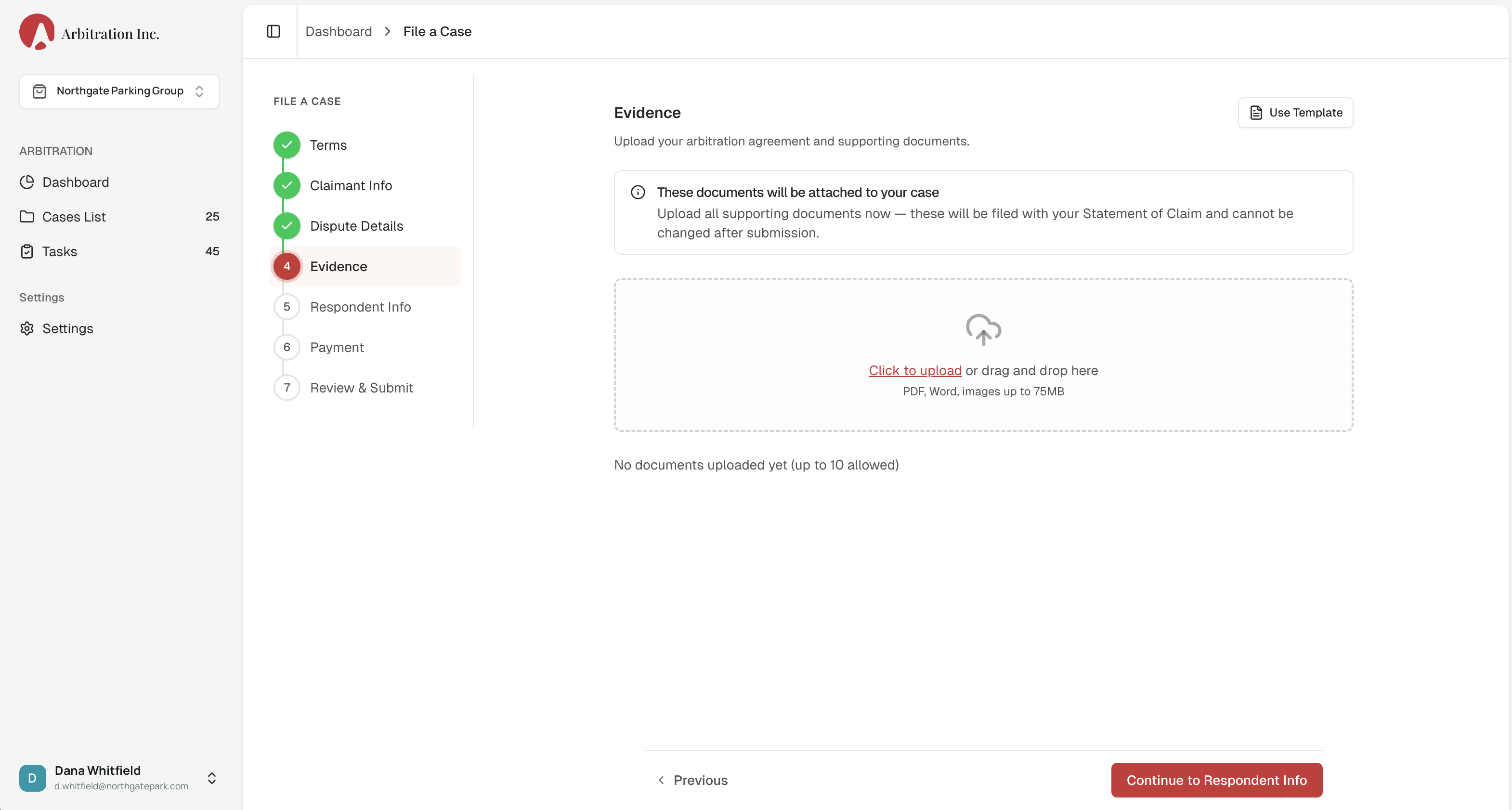Arbitration.Inc platform — guided case filing with evidence upload
